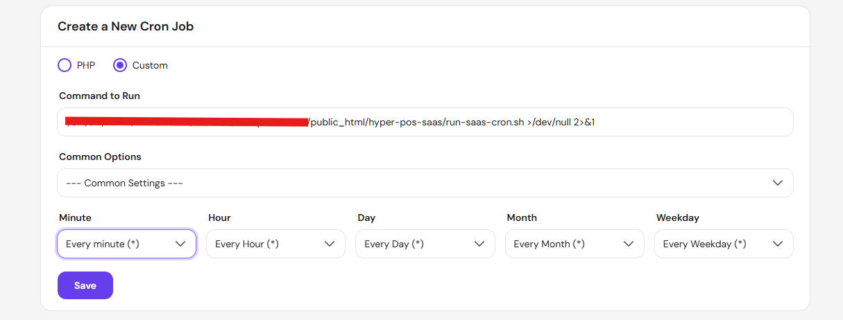 One every-minute cPanel cron using the exact generated command