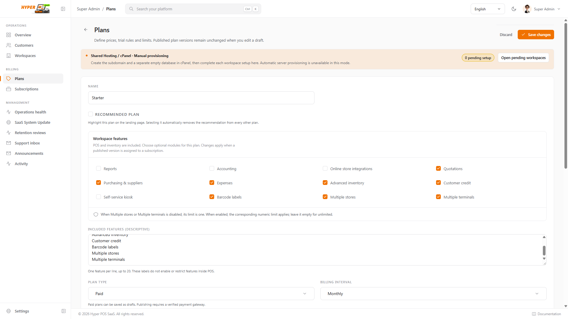 Plan terms, payment collection, features and limits before publication
