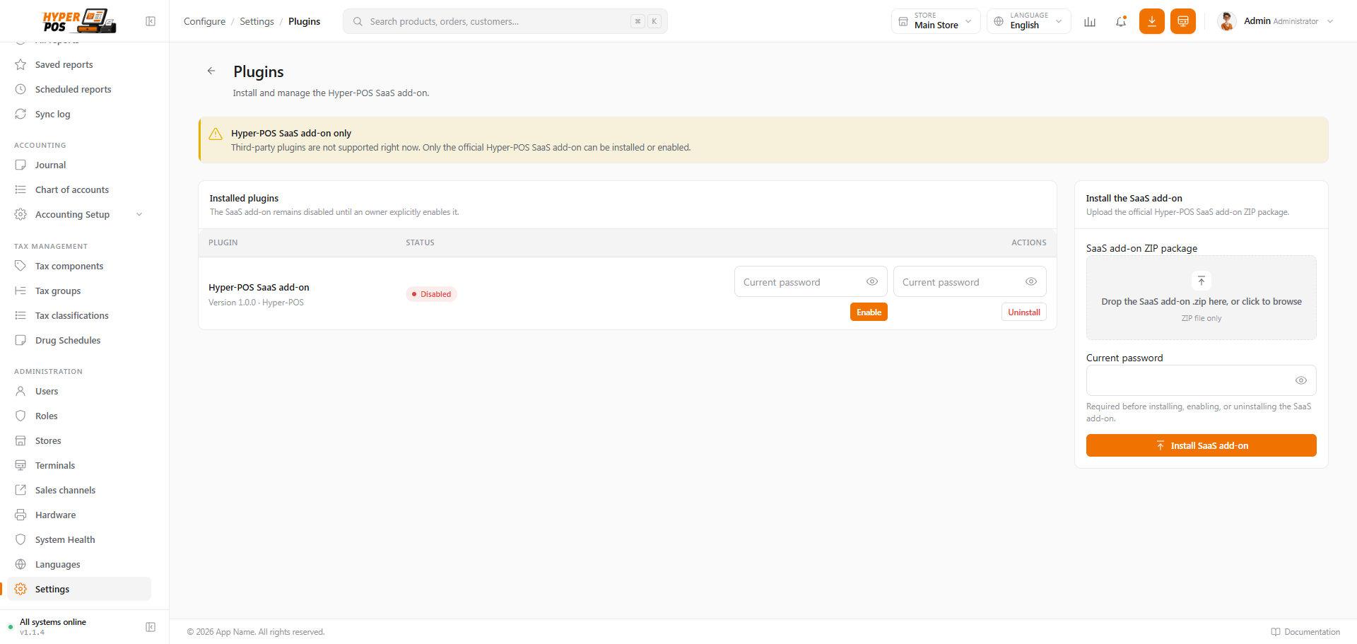 Install the official SaaS add-on using the Hyper-POS plugin manager