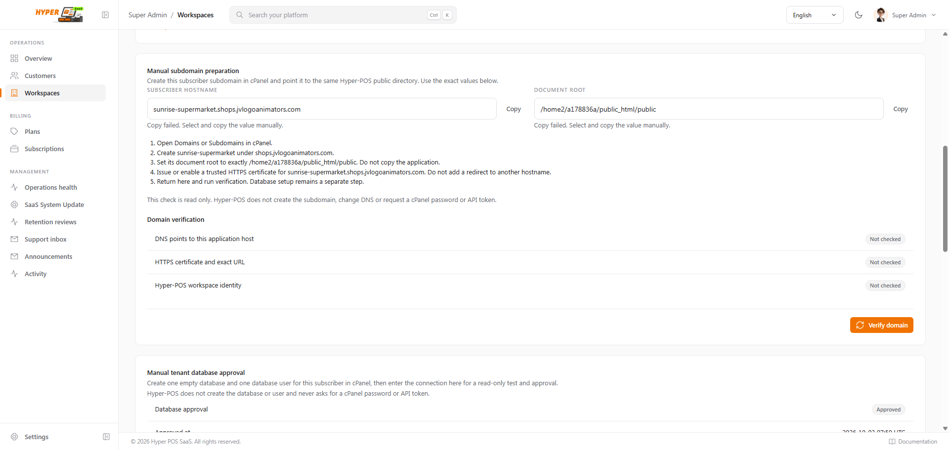 Copy the exact hostname and document root, then verify all three checks
