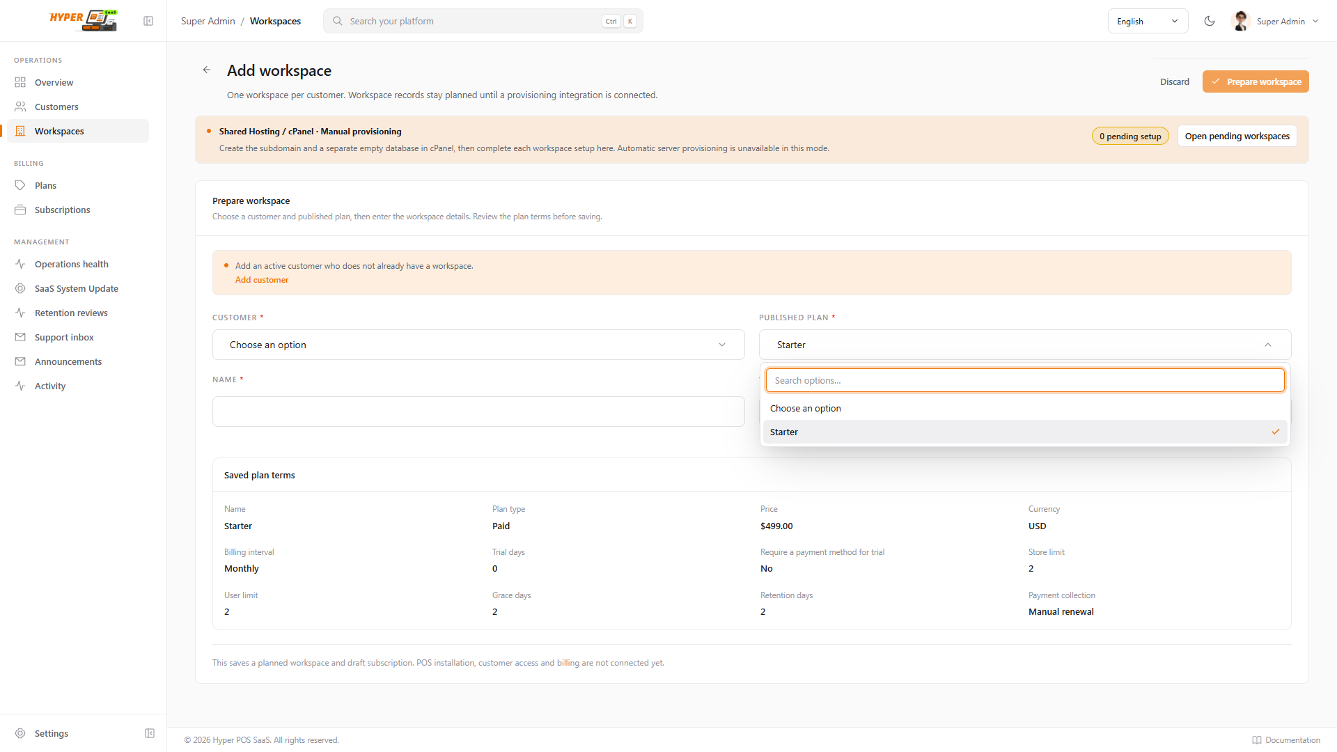 Workspace preparation with the published plan snapshot
